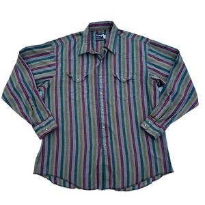 Wrangler Shirt Mens 17.5/35 Gray Stripe Cowboy‎ Cut Extra Long Tails Long Sleeve